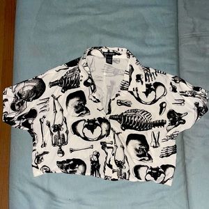 Anatomical Skeleton Sepia Boxy Girls Crop Woven Button-Up